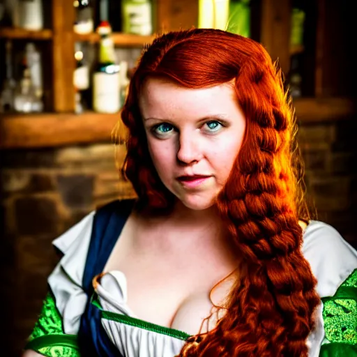 Image similar to beautiful bar maid with auburn hair and green eyes, in a medieval tavern, dramatic, cinematic, filmic, 7 5 mm, f / 1. 8