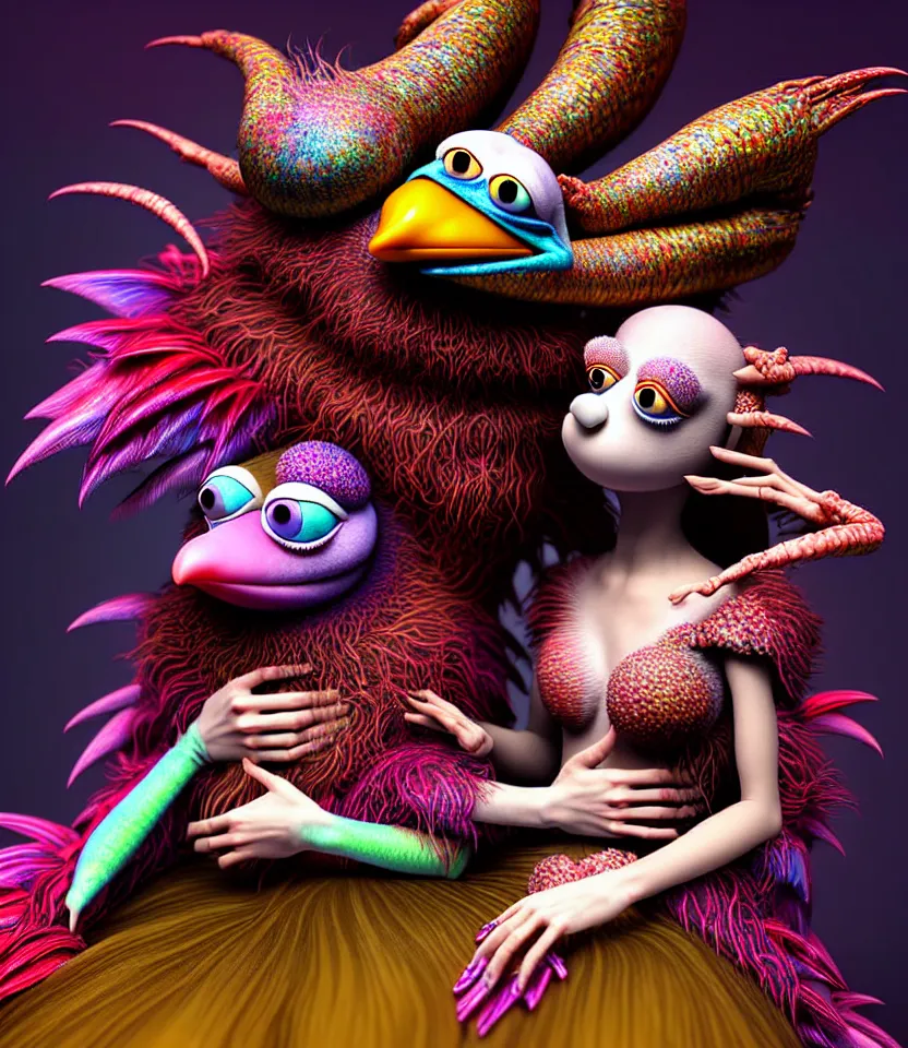 Image similar to hyper detailed 3d render like a Oil painting - kawaii portrait of hopeful lovers hugging tight or kissing pecking adorably Aurora (a beautiful girl skeksis muppet fae princess protective playful expressive acrobatic from dark crystal that looks like Anya Taylor-Joy) seen red carpet photoshoot in UVIVF posing in scaly dress to Eat of the Strangling network of yellowcake aerochrome and milky Fruit and His delicate Hands hold of gossamer polyp blossoms bring iridescent fungal flowers whose spores black the foolish stars by Jacek Yerka, Ilya Kuvshinov, Mariusz Lewandowski, Houdini algorithmic generative render, golen ratio, Abstract brush strokes, Masterpiece, Edward Hopper and James Gilleard, Zdzislaw Beksinski, Mark Ryden, Wolfgang Lettl, hints of Yayoi Kasuma and Dr. Seuss, Grant Wood, octane render, 8k