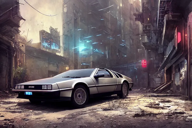 Image similar to highly detailed photograph of a delorean parked on the streets of a cyberpunk abandoned city, doors are open, by greg rutkowski and stanley artgerm and alphonse mucha, octane, sharp focus, hyperrealistic, masterpiece