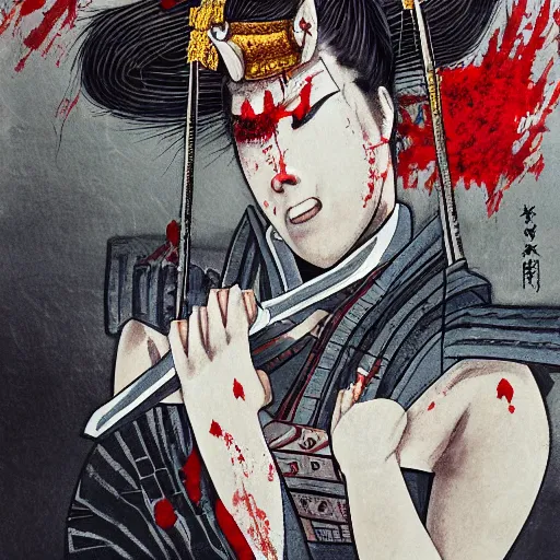 Prompt: a samurai woman on top of a building in japan in broad daylight and her sword smeared with blood, her face fixed and frightening, ultra detailed painting, dynamic light, expressions, cinematic