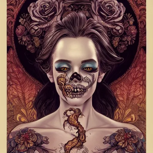 Prompt: a beautiful detailed front view portrait of a corpse woman with ornate growing around morphing into skull, ornamentation, flowers, elegant, beautifully lit, artgerm, joshua middleton comic cover art,