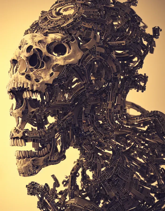 Image similar to mechanical skull, intricate abstract. sharp teeth. delicate artwork. by Tooth Wu, wlop, beeple, dan mumford. octane render, trending on artstation, greg rutkowski very coherent symmetrical artwork. cinematic, hyper realism, high detail, octane render, 8k, depth of field, bokeh. chrome accents.