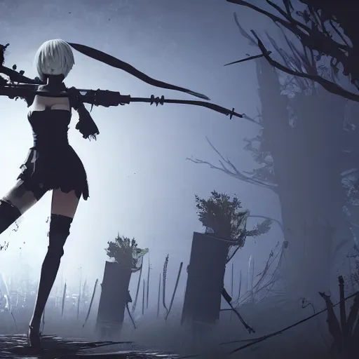 Prompt: Screenshot of 2B (Nier Automata) as a survivor in Dead By Daylight