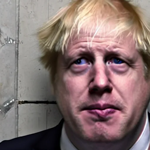 Image similar to boris johnson locked up a basement dungeon, trailcam