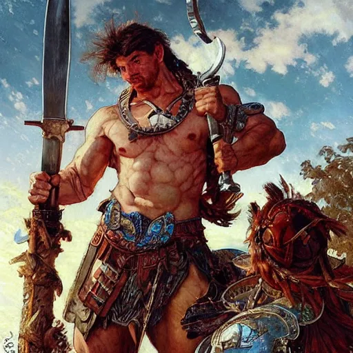 Image similar to muscular male barbarian stabbing the sky, intricate details, large sword, by Stanley Artgerm Lau, by greg rutkowski, by thomas kindkade, by alphonse mucha, loish, by norman rockwell J.