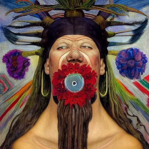 Image similar to masterpiece painting of a modern shaman, by annie swynnerton and jean delville and edward hopper and diego rivera and evelyn de morgan, facemask made of flowers, art brut, outsider art, symbolist, dramatic lighting, god rays, elaborate geometric ornament, clean crisp graphics, smooth sharp focus, extremely detailed, adolf wolfli