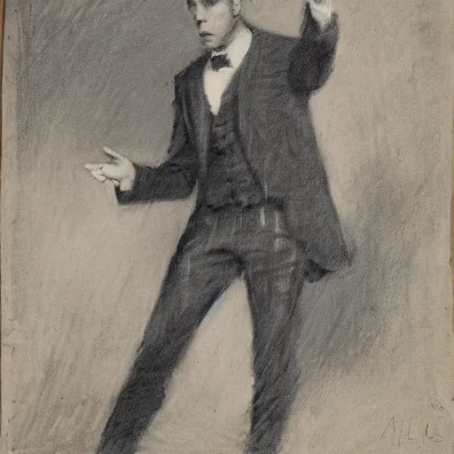 Image similar to portrait of an action hero in suit and tie, raising his hand to summon a blinding light, by alfred stevens in charcoal