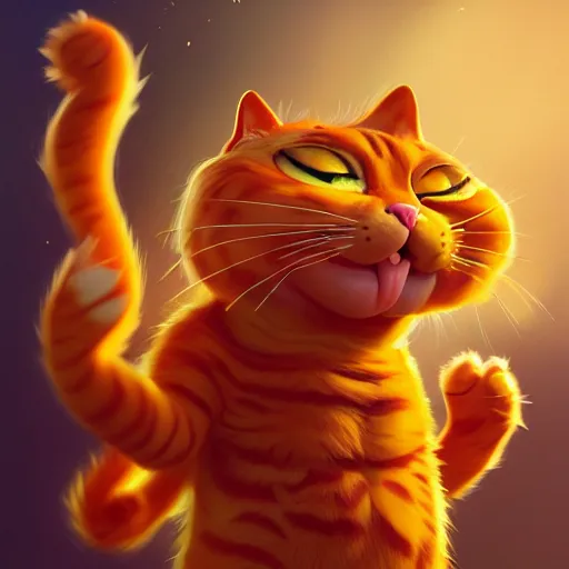 Image similar to fullbody!! personification of garfield the cat as a goddess holding lasagna, stunning, cat face, hyperrealistic, trending on artstation, smooth and sharp, intricate, fine details, highly detailed, elegant, dynamic pose, radiant light, detailed and intricate environment, professional character concept art by tatyana kupriyanova and greg rutkowski and raymond swanland