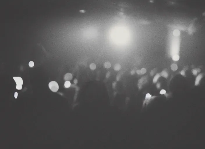 Image similar to a 2 8 mm macro photo from the back of a crowd at a rnightclub in silhouette in the 1 9 7 0 s, bokeh, canon 5 0 mm, cinematic lighting, dramatic, film, photography, golden hour, depth of field, award - winning, 3 5 mm film grain