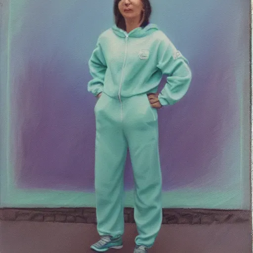 Prompt: a polaroid picture of a pastel painting of a woman wearing a track suit