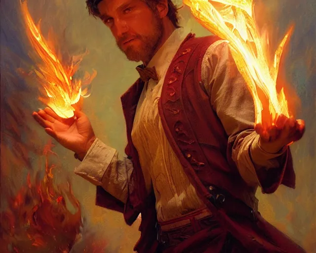 Image similar to attractive male wizard casting powerful fire spell. highly detailed painting by gaston bussiere, craig mullins, j. c. leyendecker 8 k