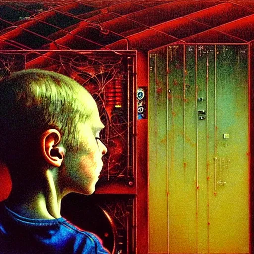 Image similar to a figure of a boy in front of a pc computer monitor in an old soviet apartment by ayami kojima, amano, karol bak, neo - gothic, gothic, rich deep colors. beksinski painting, from a movie by david cronenberg. art by takato yamamoto. masterpiece. realistic detailed image