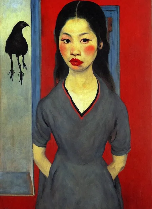 Image similar to a painting of gorgeous asian girls, frozen cold stare, blood red background, transparent gray dress, crows with red eyes looking inwards as a symbol of death, in style of Edward Hopper, John Singer Sargant, Chaim Soutine, surrealism of Francis Bacon, American Gothic, 8k, ultradetailed
