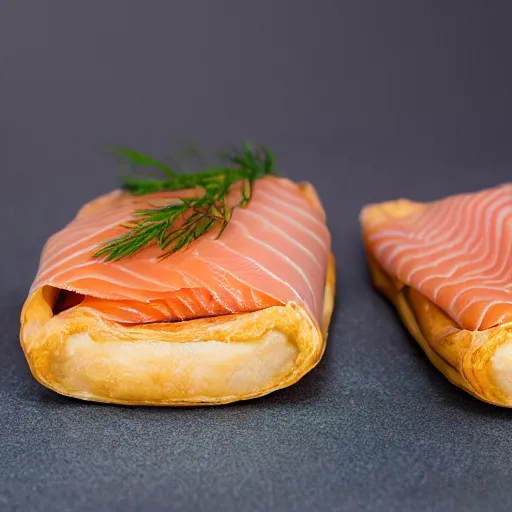 Image similar to thin pastry cases stuffed with smoked salmon and scallop, 8 k resolution, food photography, studio lighting, sharp focus, hyper - detailed
