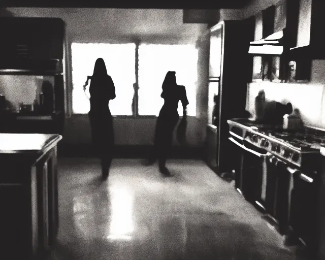 Image similar to horror demon evil transparent spirit attacks in kitchen interior photos shot on iphone, dynamic pose, middle body shot, sharp focus, grainy, corpse, paranormal flashlight, night, total darkness, poltergeist