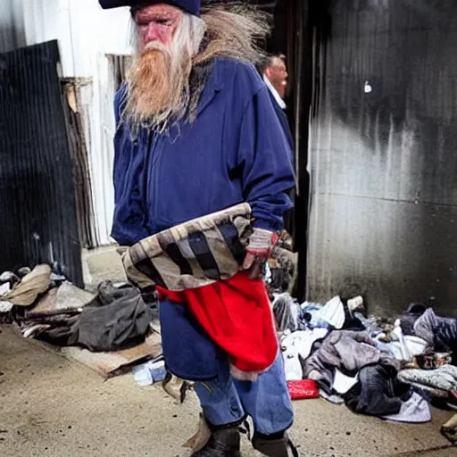 Image similar to donald trump dressed as a homeless man living in the slums