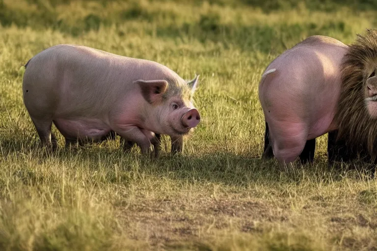 Image similar to a pig lion!!! hybrid! hyper realistic!! realistic lighting!! wildlife photographer of the year!!! bold natural colors, national geographic, hd, wide angle, 8 k