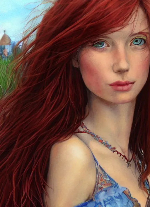 Prompt: close up portrait drawing of a ( thin young redhead woman with russian descent, sunbathed skin, with ( intricate deep blue eyes ) and ( wavy long maroon colored hair ) who looks directly at the camera with a ( slightly open mouth ) ). face takes up half of the photo. a park visible in the background. detailed 8 k art by luis royo.