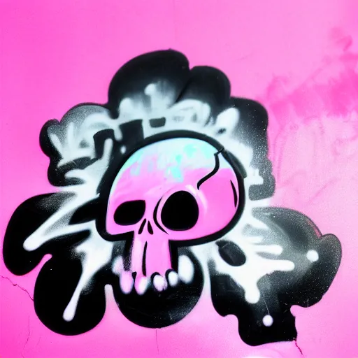 Prompt: a pink cartoon skull spray painted on a black background with dripping pink spray paint, three fourths view, graffiti, black background!!!!!