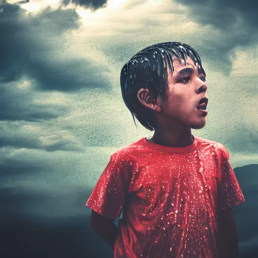 Image similar to dramatic picture of a kid on a colorful outfit standing backwards in the middle of a heavy rain surround by grey and grey clouds realistic photo taken with a good camera