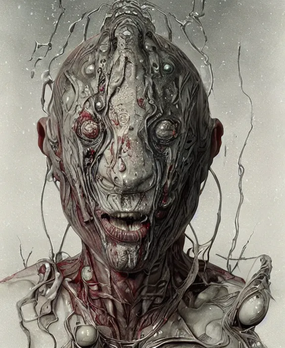 Prompt: portrait of a bloodied intricate geometric slime dripping genderless insect alien monster, muscles, rippling, space warping and twisting, ultra realistic, concept art, intricate details, eerie, highly detailed, photorealistic, octane render, 8 k, unreal engine. art by artgerm and greg rutkowski and alphonse mucha