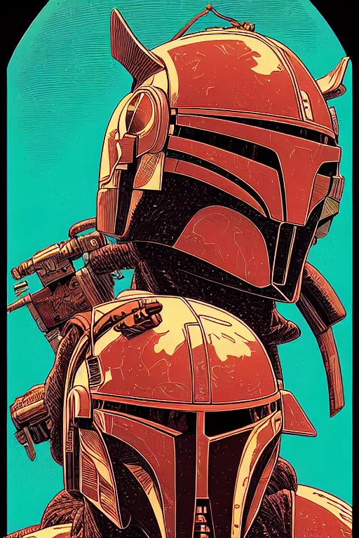 Image similar to closeup potrait of the mandalorian, intricate, volumetric lighting, moebius, geof darrow, frank miller, dan mumford, detailed illustration, digital art, victo ngai, kilian eng, vector art