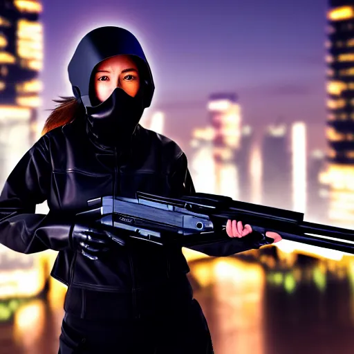 Prompt: photographic portrait of a techwear woman holding a shotgun, closeup, on the rooftop of a futuristic city at night, a futuristic city in the background, sigma 85mm f/1.4, 4k, depth of field, full color, Die Hard, movies with guns, movie firearms hands holding the gun anatomically correct