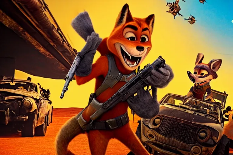 Image similar to nick wilde, heavily armed and armored facing down armageddon in a dark and gritty reboot from the makers of mad max : fury road : witness me