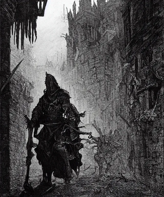 Prompt: a black and white illustration of a silhouetted mercenary walking into the streets of mordheim, the city of the damned by ian miller, gustave dore, john blanche, albrecht durer, gustave dore, highly detailed, storybook illustration, inspired by hieronymus bosch, ink on paper