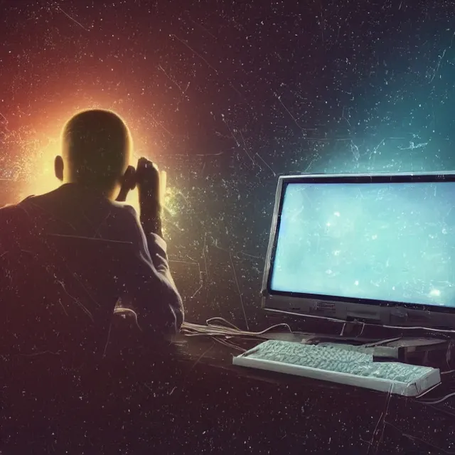 Image similar to a high resolution photo of a sad man watching the end of the universe on a vintage computer, dystopia, end of the world