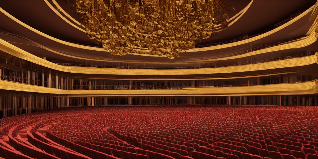 Image similar to interior view of an elaborate and opulent modern opera house, 4k octane render, detailed, extreme detail, cinematic, soft lighting, vfx