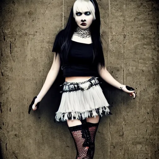 Prompt: kerli koiv goth girl in mini skirt and crop top, intricate, extremely detailed, modeling photography, teen
