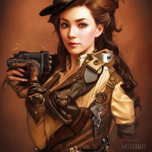 Prompt: Three quarters portrait of a beautiful steampunk female holding gun, highly detailed, digital painting, art by Stanley Lau and Artgerm and magali villeneuve and Alphonse Mucha, artstation, octane render, cgsociety