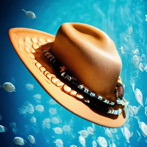 Image similar to photograph of a cute fish wearing a cowboy hat, underwater photograph, clear image, 4 k resolution, award winning, blue water