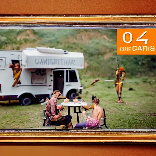 Prompt: a picture of camp of warrior in dessert take a break, and laugh each other, smooth rendered, hyperrealistic, canon eos c 3 0 0, ƒ 1. 8, 3 5 mm, 8 k, medium - format print