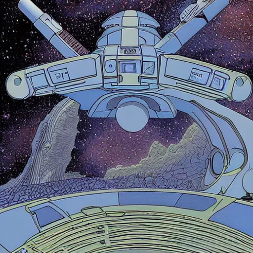 Image similar to the crew of the enterprise - d on the style of jean giraud moebius