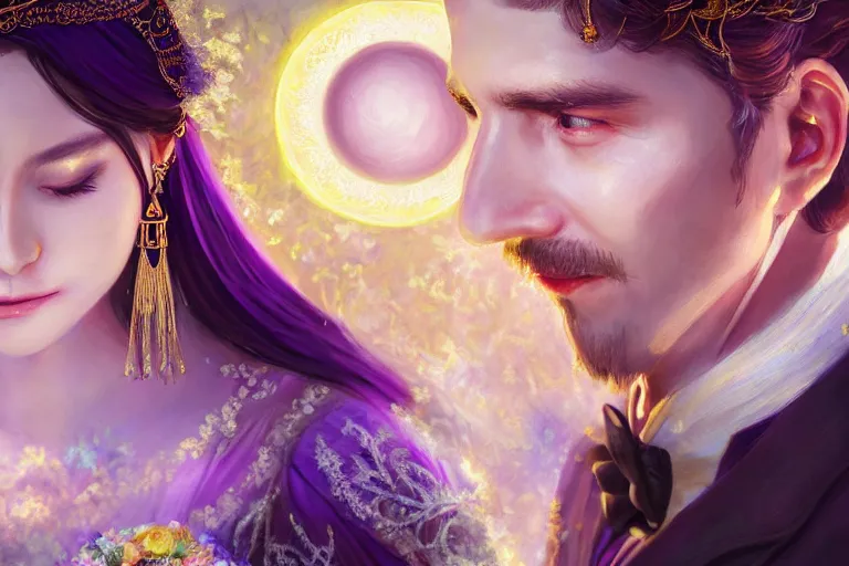 Image similar to a dreamlike cinematic portrait of wedding photograph close up moment of a divine a russia sun god and moon goddess lovers magician at a wedding banquet. portraiture. digital painting. artstation. concept art. fantasy wedding photo. digital painting, 8 k realistic, hyper detailed, violet evergarden art masterpiece by art by krenz cushart