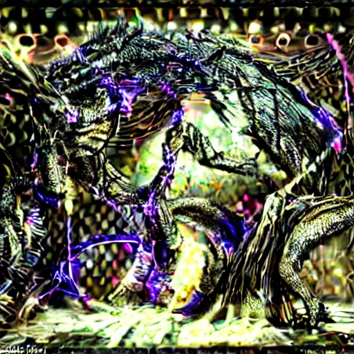 Image similar to cybercore dragon angel pimp demonoid disappearing into a portal covered in wires damnation emerging in the middle of my digusting dirty room, holy ceremony, low quality photo, flikr , creepy, hypermaximalist, trail cam found footage, realistic, , intricate fine detail