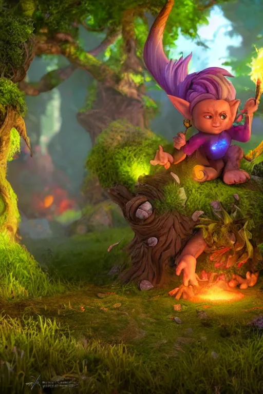 Image similar to arcane fantasy art tiny elemental wood troll bastion enchanted forest troll, global illumination ray tracing hdr fanart arstation by sung choi and eric pfeiffer and gabriel garza and casper konefal lisa frank zbrush central hardmesh radiating a glowing aura