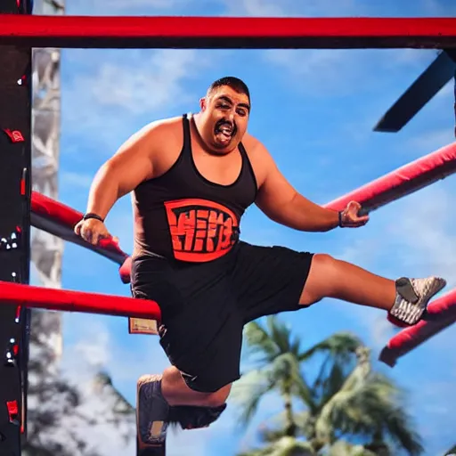 Image similar to Gabriel Iglesias competing on American Ninja Warrior, sports photography