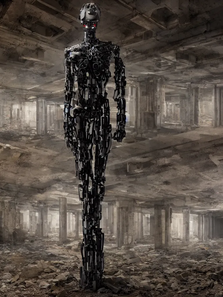 Prompt: portrait of a cyborg statue, standing in a hall of abandoned ancient megacomplex; hyperrealistic, 4K wallpaper, cinematic lighting, highly detailed and beautiful