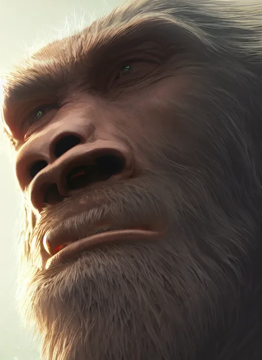 Prompt: highly detailed portrait of bigfoot, unreal engine, cinematic light, warm, fantasy art by greg rutkowski