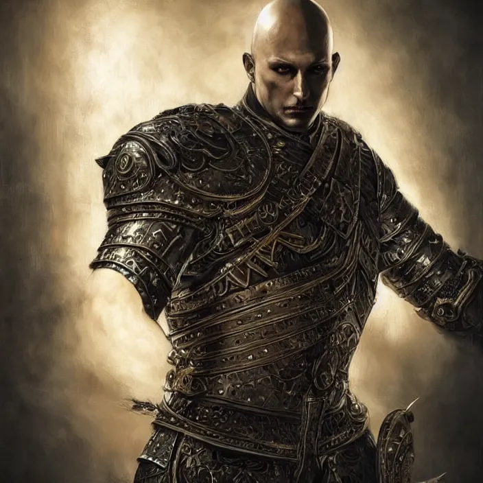 Image similar to a highly detailed symmetrical full body painting of a bald male warrior in leather armour with piercing eyes in dark tomb setting, dynamic lighting, ambient lighting, deviantart, art by artgerm and karol bak and mark brooks