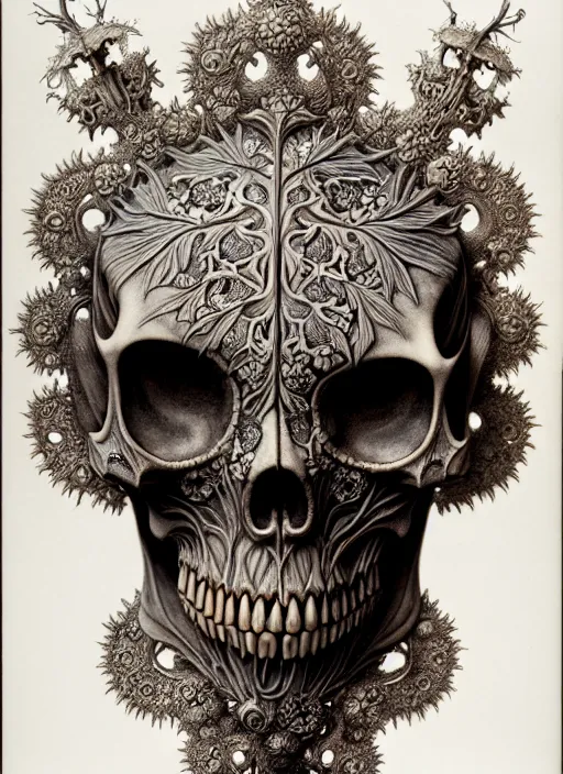 Image similar to art forms of nature by ernst haeckel, memento mori by arthur rackham, ornate antique porcelain beautiful skull mask, ultrasharp, photorealistic, hyperdetailed, octane render, polished, art nouveau, neo - gothic, gothic, intricate ornamental organic filigree, art nouveau botanicals, art forms of nature by ernst haeckel, horizontal symmetry, symbolist, visionary