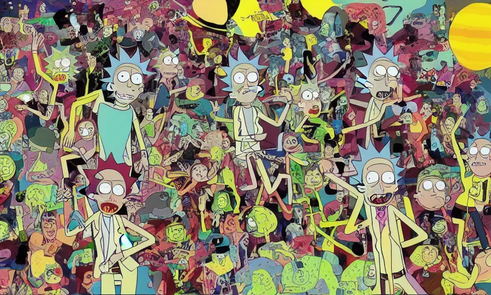 Image similar to abstract art of rick and morty, collage