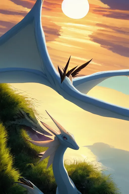 Image similar to a large smooth skinned white creature hybrid pterosaur, small quills along it's back, long fangs, sitting on a cliff high in the sky, sunset, backlit, beautiful composition, by makoto shinkai an krenz cushart