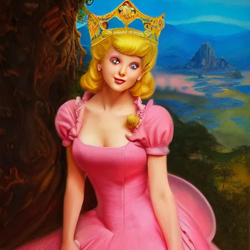 Image similar to An ultra realistic portrait painting of Princess Peach wearing his pink dress and golden tiara in the style of Frank Frazetta, 4k, Ultrarealistic, Highly Detailed, Dark Fantasy, Epic Lighting