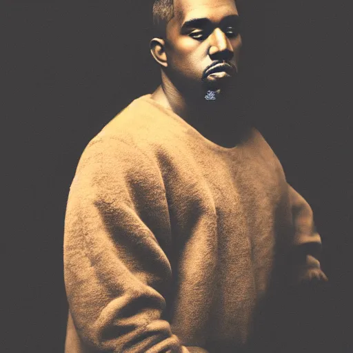 Image similar to a ( ( chiaroscuro lighting portrait ) ) of kanye west ( ( ( ( ( dressed as teddy bear mascot ) ) ) ) ), black background, portrait by julia margaret cameron, shallow depth of field, 8 0 mm, f 1. 8