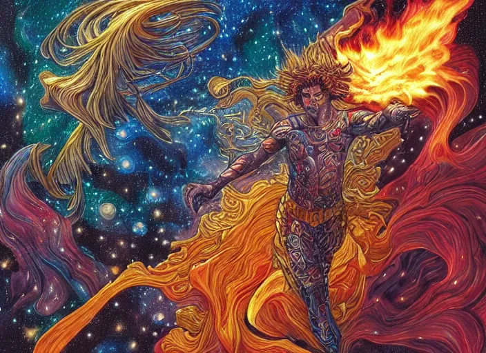 Image similar to high intricate colored ink drawing of the sandman holding a glimmering fire - galaxy, full shot, neil gaiman, maria panfilova, andrea savchenko, mike kime, ludovic plouffe, qi sheng luo, oliver cook, julian calle, eddie mendoza, trending on artstation