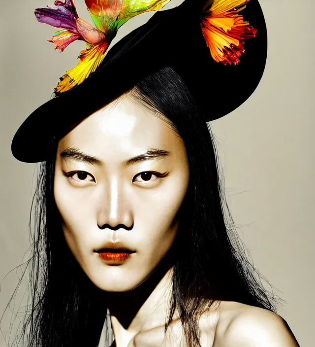 Prompt: photography facial portrait of liu wen, natural background, natural pose, wearing stunning hat by iris van herpen, with a colorfull makeup. highly detailed, skin grain detail, photography by paolo roversi, nick knight, helmut newton, avedon, araki